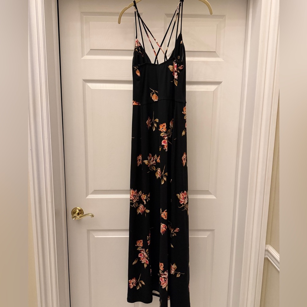 Whimsigoth Boho Nine Britton Black Floral Maxi Dress M Strappy Criss Cross - Picture 3 of 11